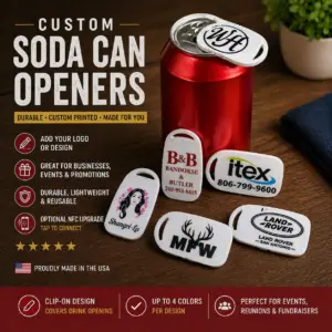 Custom clip-on soda can openers with personalized logos displayed on a red soda can in a square product image