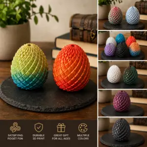 3D printed dragon egg fidget toys in multiple colors with articulated scales on display stand