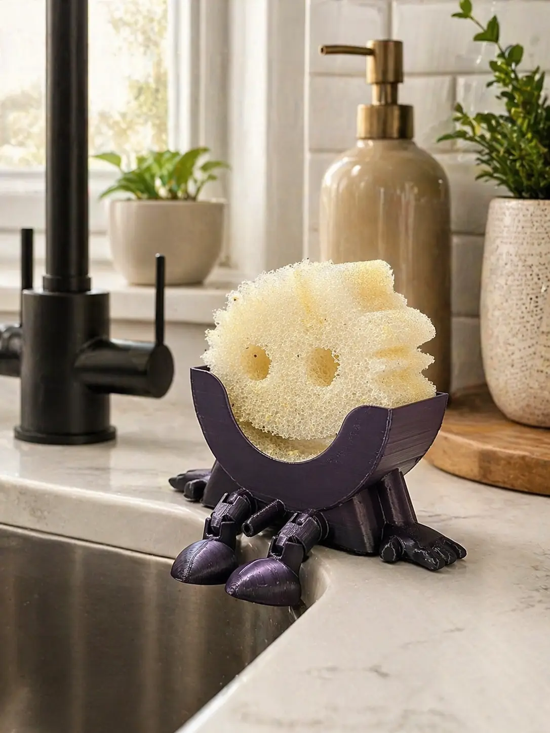 3D printed Scrub Daddy sink holder with sponge organizer on modern kitchen counter