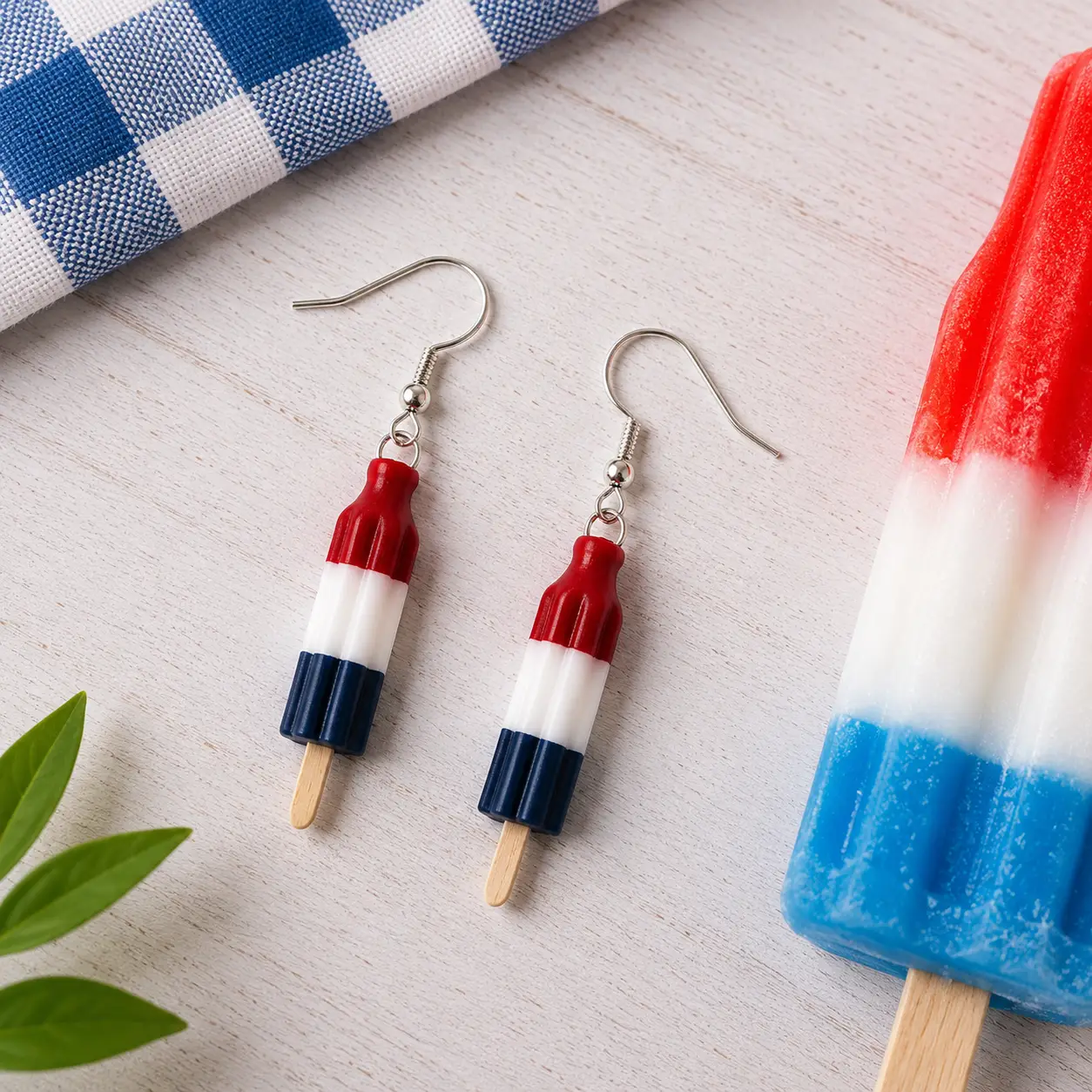 Patriotic popsicle earrings styled in a summer flat lay beside a real Bomb Pop popsicle and picnic cloth.