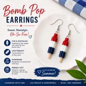 Bomb Pop popsicle earrings displayed on a white jewelry plate with patriotic product details and summer-themed graphics.