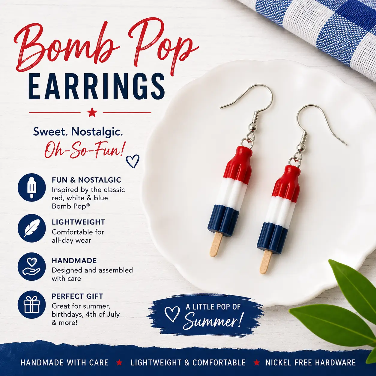 Bomb Pop popsicle earrings displayed on a white jewelry plate with patriotic product details and summer-themed graphics.